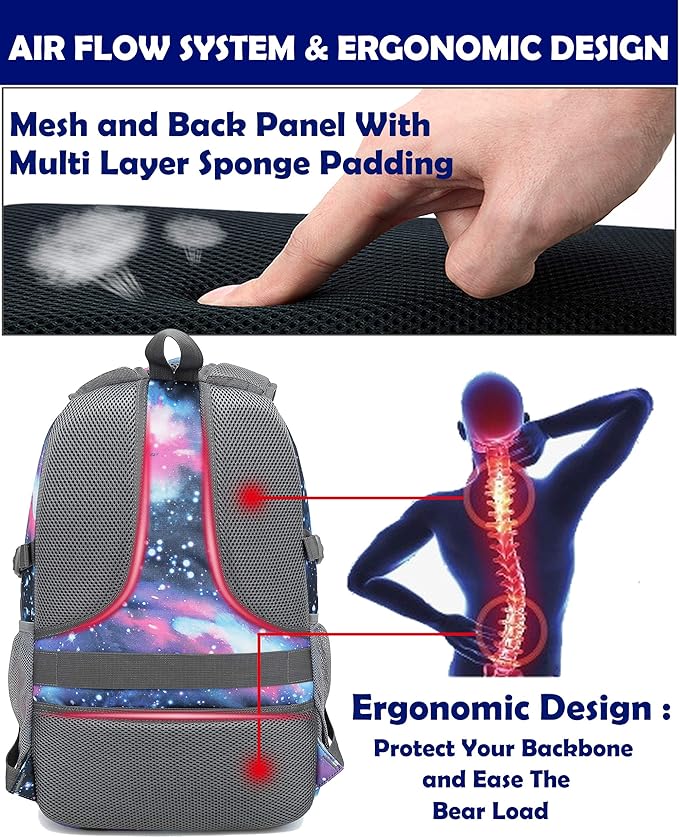 Galaxy Backpack for College Sturdy Bookbag Travel Business with USB Charging Port Laptop compartment Chest Straps Anti Theft Night Light Reflective (Galaxy)