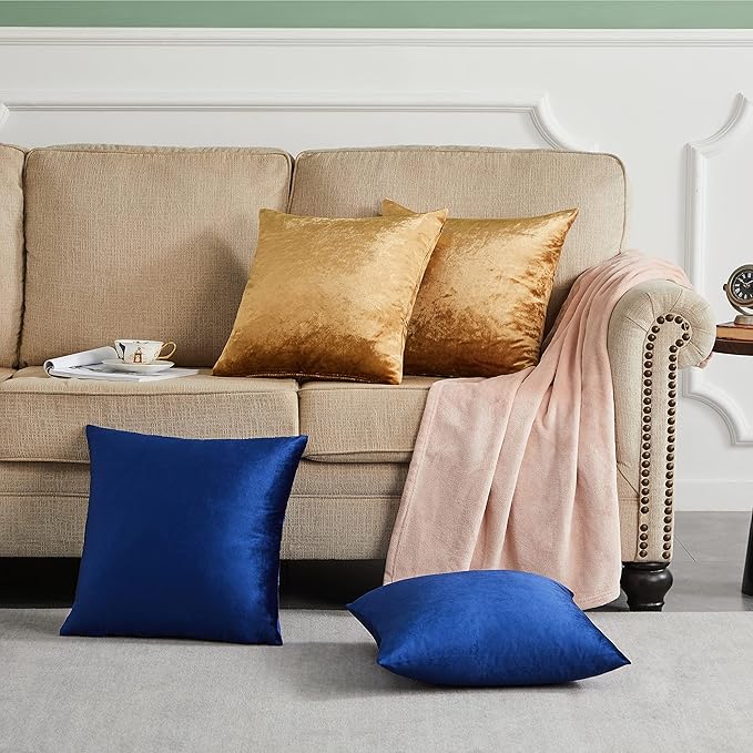 GIGIZAZA Pack of 4 Gold Blue Pillow Covers,16x16 Velvet Throw Pillows Soft Covers Decorative Luxury Couch Square Pillow Covers Modern Living Room Cushion Covers