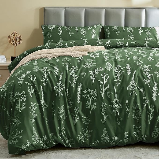 MUXHOMO Duvet Cover King Size, Reversible Floral Dark Green Duvet Cover Set with Zipper Closure, 3 Pieces Botanical Patterns Soft Microfiber Bedding Set (90"x104", 2 Pillow Cases 20"×36")