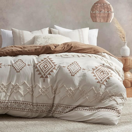 Oli Anderson Boho Duvet Cover Set Queen Size, Beige and Terracotta Color Clash 3 Pieces Microfiber Bedding Set, Durable and Super Soft Duvet Covers with Zipper and Ties, 90"*90"
