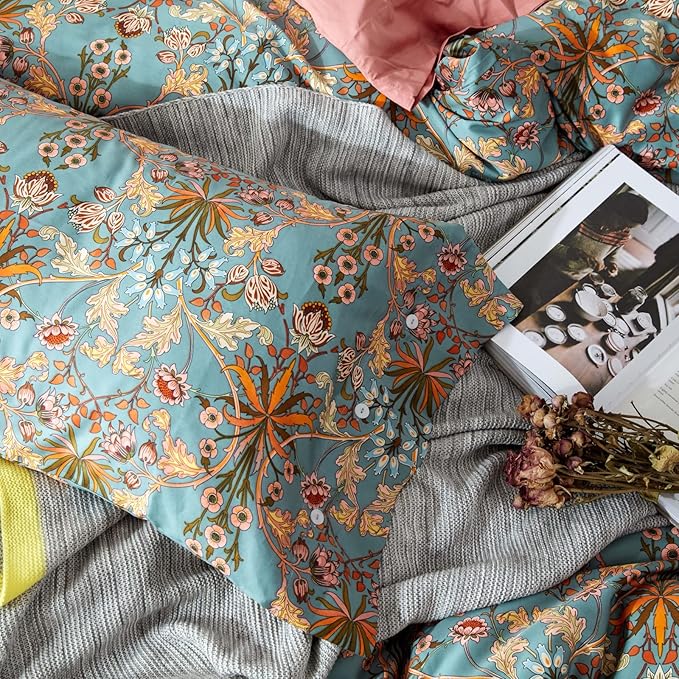 mixinni Vintage Style Garden Flower Queen Duvet Cover with Zipper Closure Soft Long Staple Percale Cotton Vibrant Pattern on Flower Bedding Quilt Cover Set(Queen, All Season)