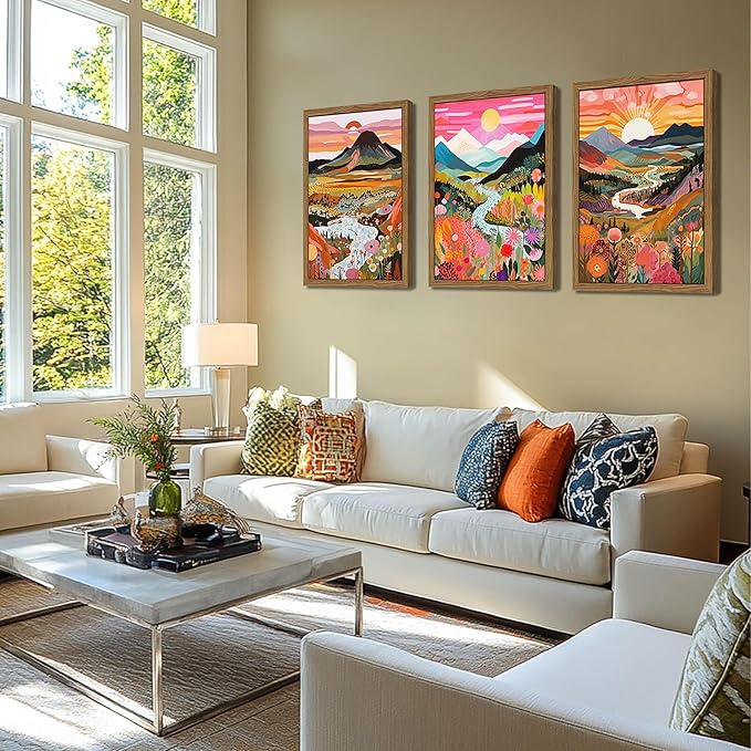Wood Framed Boho Colorful Landscape Canvas Wall Art Set of 3 - Abstract Mountain Wall Decor Paintings, Nature Floral Poster Prints Aesthetic Home Decor for Living Room Bathroom Bedroom 16x24 inch