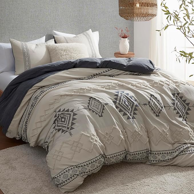 Oli Anderson Boho Duvet Cover Set King Size, Beige and Gray Color Clash 3 Pieces Microfiber Bedding Set, Durable and Super Soft Duvet Covers with Zipper and Ties, 104"*90"