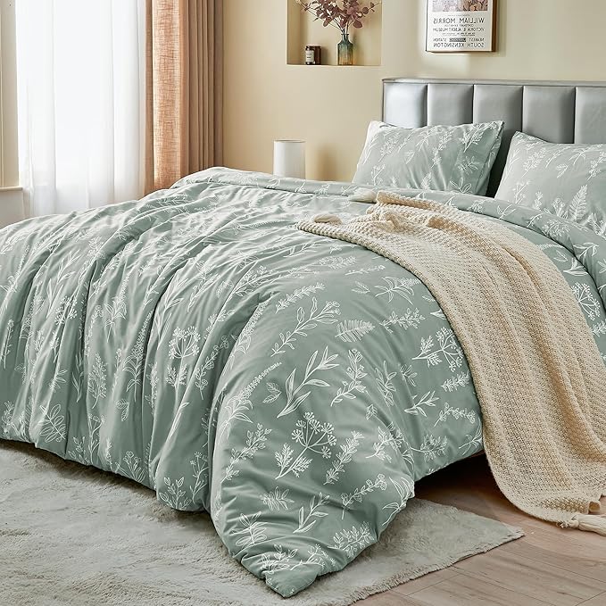 MUXHOMO Duvet Cover King Size, Reversible Floral Green Duvet Cover Set with Zipper Closure, 3 Pieces Botanical Patterns Soft Microfiber Bedding Set (90"x104", 2 Pillow Cases 20"×36")