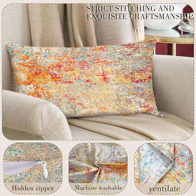 Boho Floral Throw Pillow Covers 12x20 inch Set of 2,Boho Rug Geometric Floral Pattern Decor Double Sided Pattern Cushion Cover Soft Pillow Case Living Sofa Room Bed Square Pillow Cover