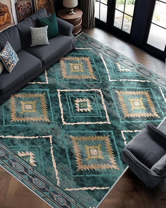 Area Rug 8x10 Rug Machine Washable Non-Slip Low Pile Print Pattern Western Rug for Living Room Bedroom Entryway Tribal Series -Teal/Green