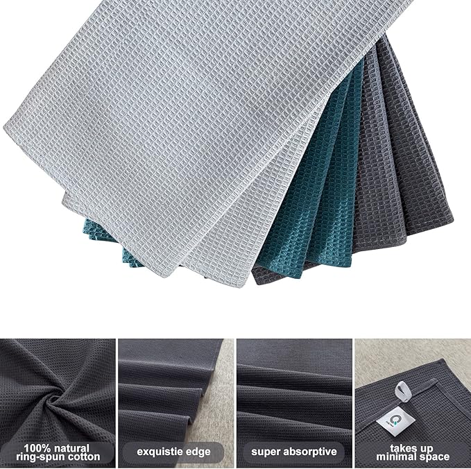 QUILTINA Dish Towels Set,100% Cotton Waffle Weave Kitchen Towels 6 Pack,17 x 25 Inches Dish Towels for Kitchen,Super Absorbent for Drying and Cleaning(Dark Green,Light Grey,Dark Grey)