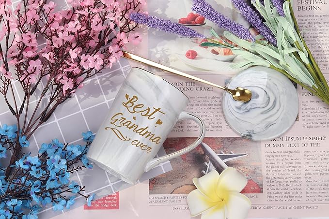 Best Grandma Ever Mug Coffee Gifts Birthday Mothers Day for from Granddaughter Grandson Grandchildren Grandkids 14 Ounce Gift Box with Spoon and Mat Gray