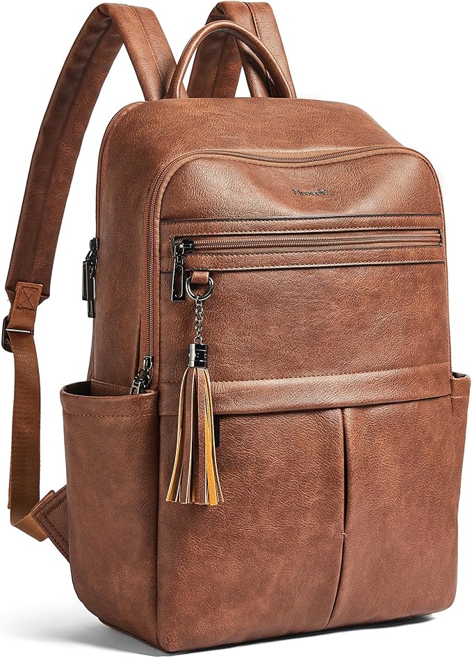 Leather Laptop Backpack for Women, 15.6" Causal Daypack Backpacks Purse Computer Backpack with Laptop Compartment for Travel Work College Business, Brown