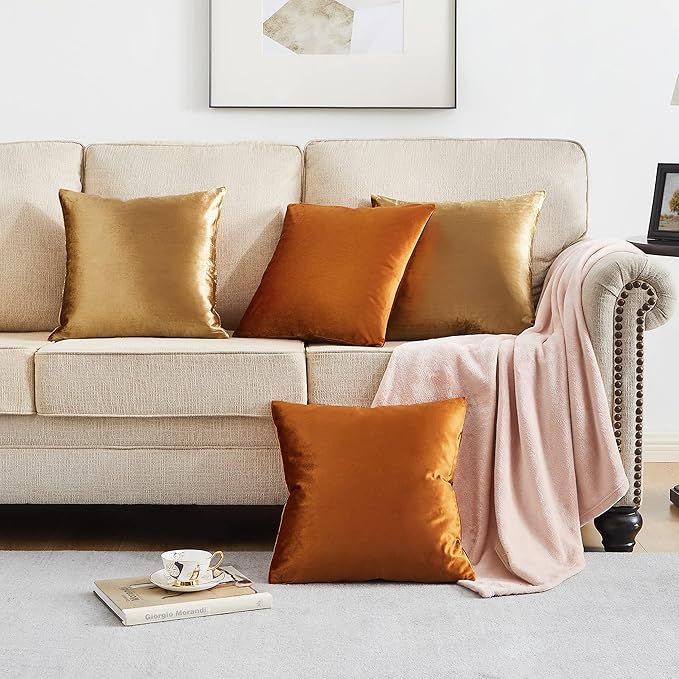 GIGIZAZA Pillow Covers 16x16 Set of 4,Gold Orange Velvet Soft Pillow Covers Decorative Square Modern Pillows Cushion Cases for Living Room