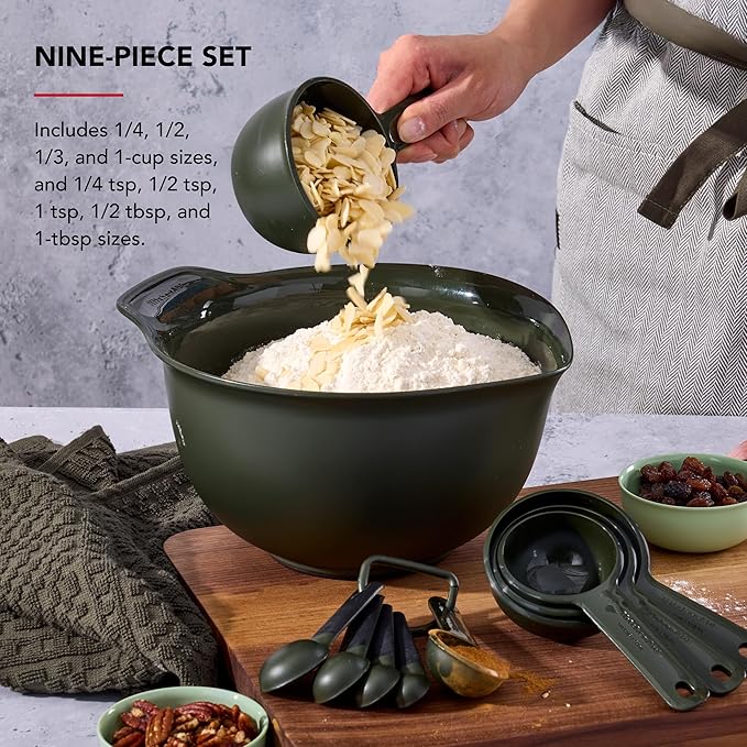 KitchenAid Plastic Measuring Cups and Spoon Set, Set of 9, /4, 1/2, 1/3, and 1 cup sizes, and 1 tbsp, 1/2 tbsp, 1 tsp, 1/2 tsp and 1/4 tsp, Evergreen