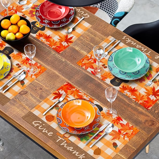 Giwawa Thanksgiving Placemats Set of 4, Give Thanks Turkey Place Mat with Orange Bufflao Plaids, Fall Autumn Maple Leaf Pumpkins Chestnuts Washable Table Mats for Kitchen Dining Holiday Decor, 12"x18"