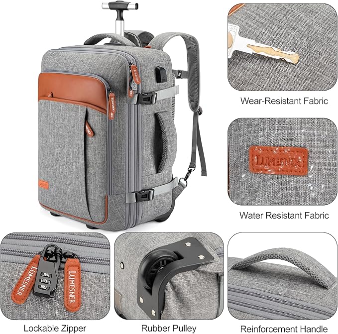 Rolling Backpack for Men and Women, Extra Large 42L Travel Backpack with Wheels, 17.3 Inch Carry-On Laptop Backpack with 4 packing cubes for Business and Work, Large Capacity Rolling Bag(Grey)