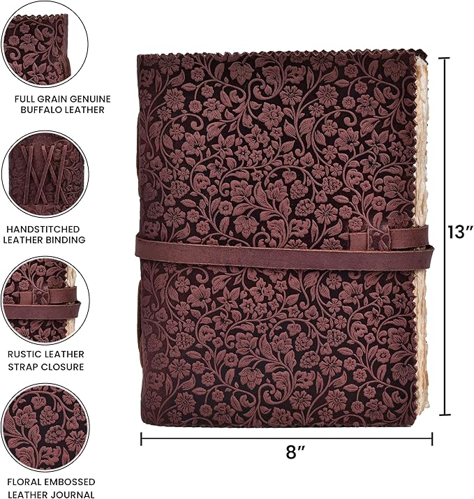LEATHER VILLAGE Leather Bound Floral Embossed Journal for Women Men - 200 Pages, 13X8 Inches, Fuchsia - Book of Shadows, Vintage Blank Paper Travel Diary, Notebook for Writing, Drawing, Sketchbook