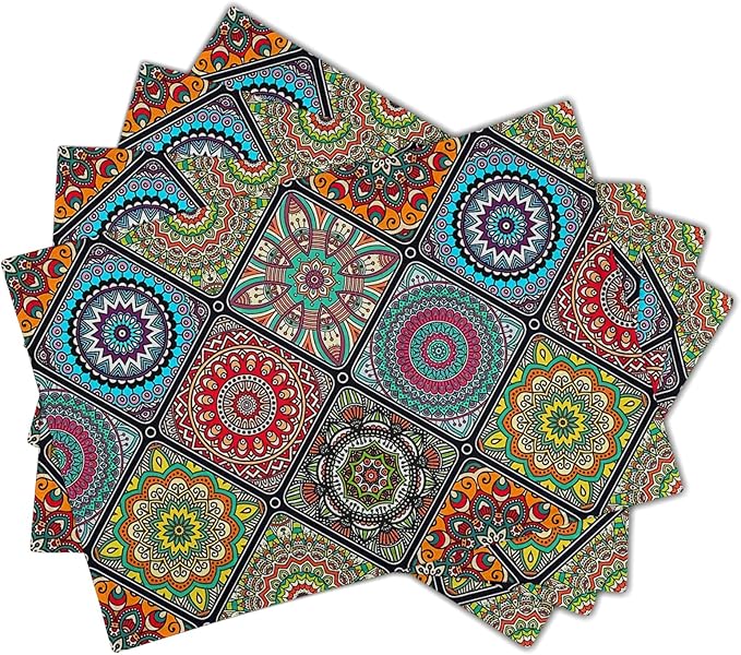 Giwawa Boho Mandala Placemats, Mexican Ethnic Traditional Pattern with Geometric Plaids, Abstract Flower Washable Linen Table Place Mats Set of 4 for Dining Kitchen Party, 12"x18"