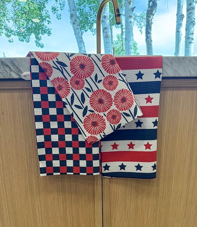 || 3 Pack|| Double Sided Dish Towels || Waffle Weave Microfiber || Tea Towels || Highly Absorbent || Hanging Loop || Dish Cloths || Modern || Designer Prints (July 4th)