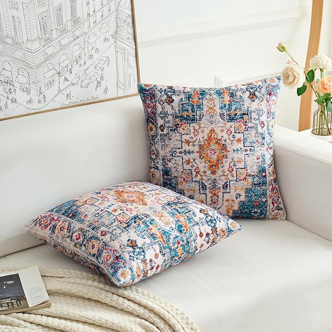 Boho Throw Pillow Covers 26x26 inch Set of 2,Boho Vintage Carpet Pattern Antique Ethnic Decor Double Sided Pattern Cushion Cover Soft Pillow Case Living Sofa Room Bed Square Pillow Cover