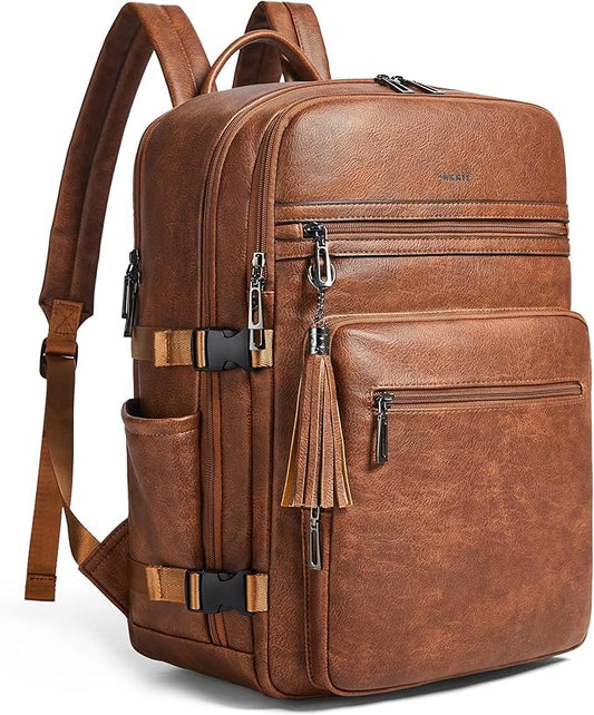 Shrrie Laptop Backpack for Women,Vegan Leather Backpack Work Computer Backpacks fits 16" Laptop,Water Resistant Teacher Nurse Casual Daypack for Weekender Camping Travel,Two-toned Brown