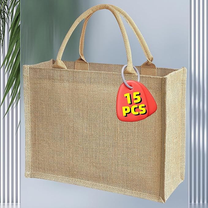 15 Pcs Jute handbag burlap tote bags Travel holiday Wedding Bridesmaids welcome bags Party Holiday Women's gifts Handmade linen DIY reusable beach sundries storage bag 15.2 x 12.2 x 6 inch