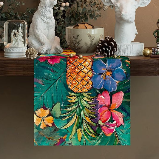 Pineapples Abstract Art Painting Burlap Table Runner Seasonal Spring Fall Kitchen Dining Linen Table Decoration for Indoor Outdoor Home Party Dinner 13x72 Inch
