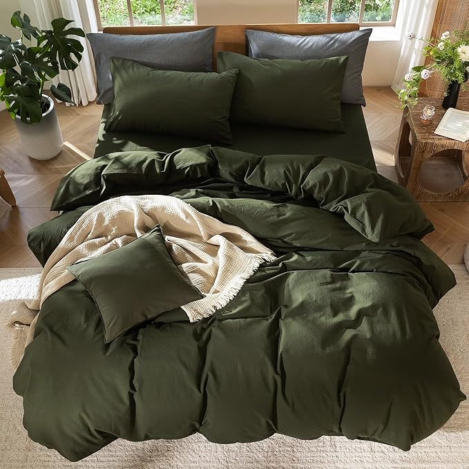 MooMee Bedding Duvet Cover Set 100% Washed Cotton Linen Like Textured Breathable Durable Soft Comfy (Solid Olive Green, Alaska King 132"x120")