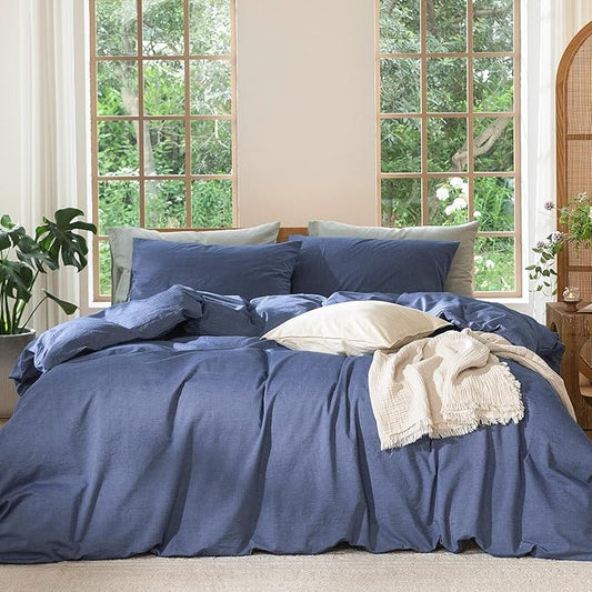 MooMee Bedding Duvet Cover Set 100% Washed Cotton Linen Like Textured Breathable Durable Soft Comfy (Heathered Blue, Palatial King/Oversized King 120"x98")