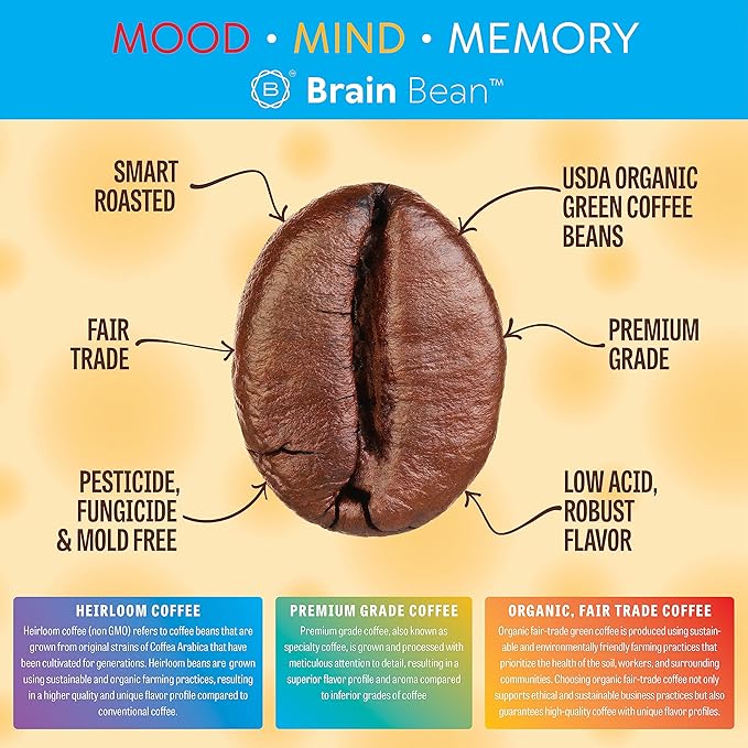 Brain Bean Organic Coffee – Smooth Taste & Rich Medium Roast – High Antioxidant & USDA certified organic for Cognitive Support, Mood Enhancement & Toxin Removal - Whole Bean Coffee – 16 oz (3-Pack)