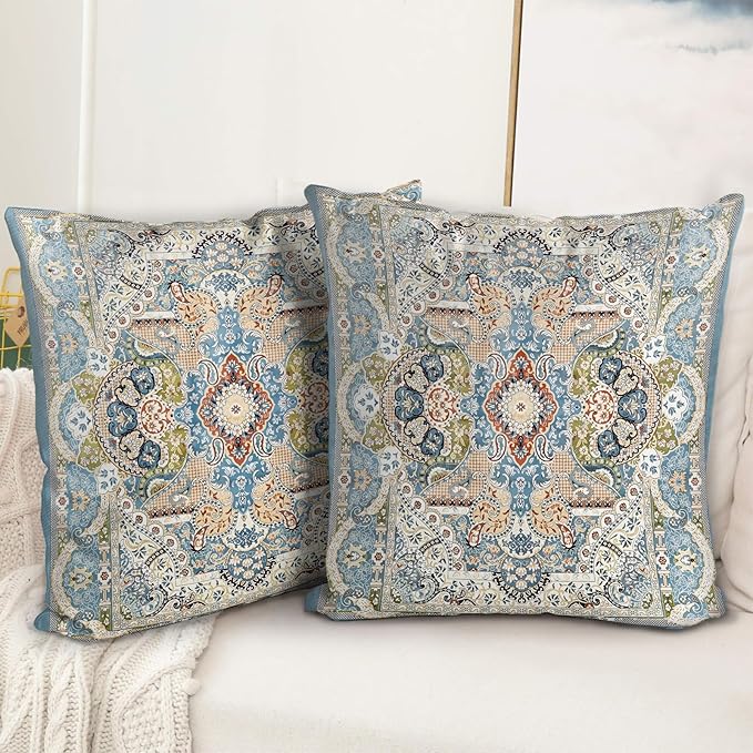 Boho Floral Throw Pillow Covers 20x20 inch Set of 2,Blue Boho Rug Geometric Floral Pattern Decor Double Sided Pattern Cushion Cover Soft Pillow Case Living Sofa Room Bed Square Pillow Cover