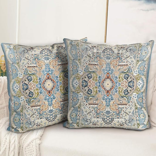 Boho Floral Throw Pillow Covers 20x20 inch Set of 2,Blue Boho Rug Geometric Floral Pattern Decor Double Sided Pattern Cushion Cover Soft Pillow Case Living Sofa Room Bed Square Pillow Cover