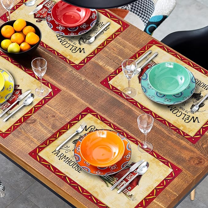 Giwawa Rooster Chicken Placemats, Welcome to Our Farmhouse Linen Place Mat, Vintage Animal Farm Decorative Washable Non Slip Table Mats for Dining Kitchen Party, Set of 4, 12"x18"