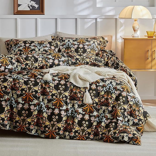 mixinni Duvet Cover Full Size, Cotton Percale Farmhouse Bedding Sets Soft Aesthetic Flowers Plants Comforter Cover for All Season, 3 Pieces Cute Floral Bedding Comforter Set for Women-Full Size