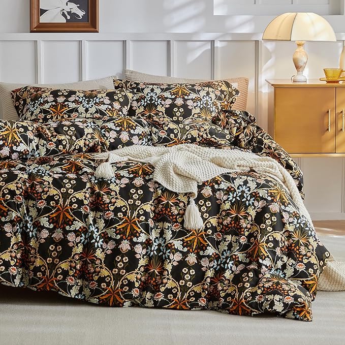 mixinni Duvet Cover Twin XL Size, Cotton Percale Farmhouse Bedding Sets Soft Aesthetic Flowers Plants Comforter Cover for All Season, 3 Pieces Cute Floral Bedding Comforter Set for Women-Twin XL