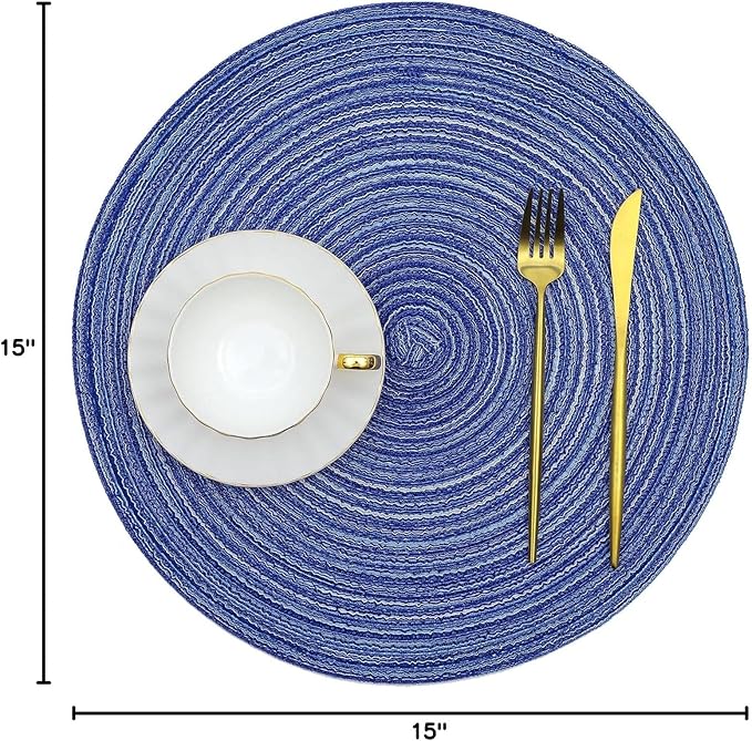 SHACOS Round Braided Placemats Set of 8 Round Table Mats for Dining Tables Washable Fabric Kitchen Table Place Mats (Blue White, 8)