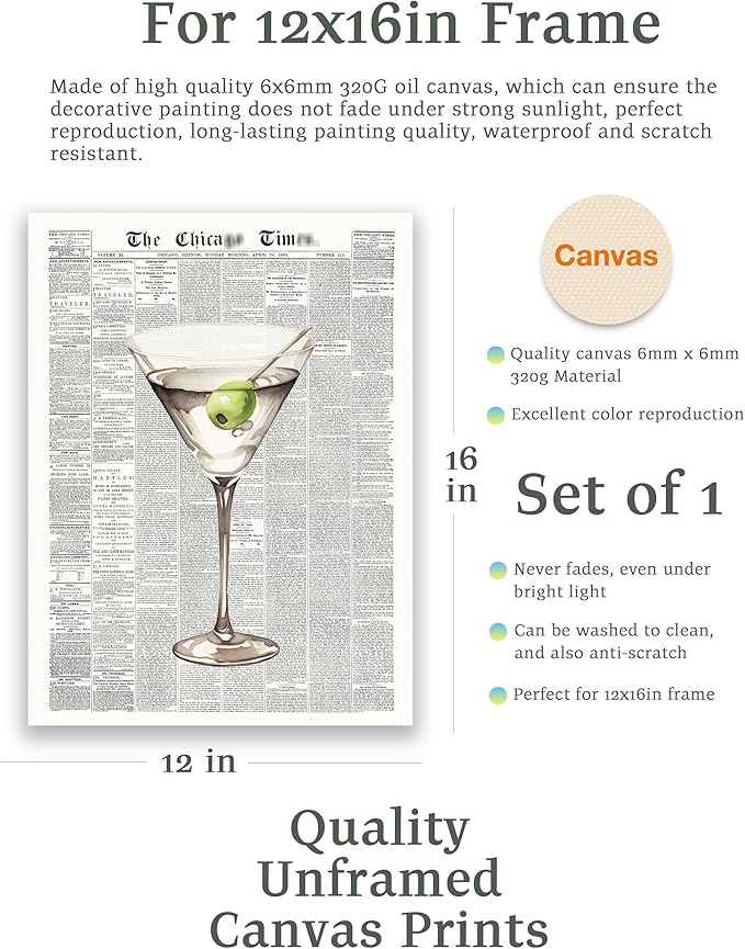 EcoHest UnFramed Trendy Newspaper Martini Wall Art, 12x16 in OAK Wood Retro Bar Cart Canvas Art, Magazine Aesthetic Apartment Art, Beige Logs Funky 70's Set of 1 for Bedroom Living Room