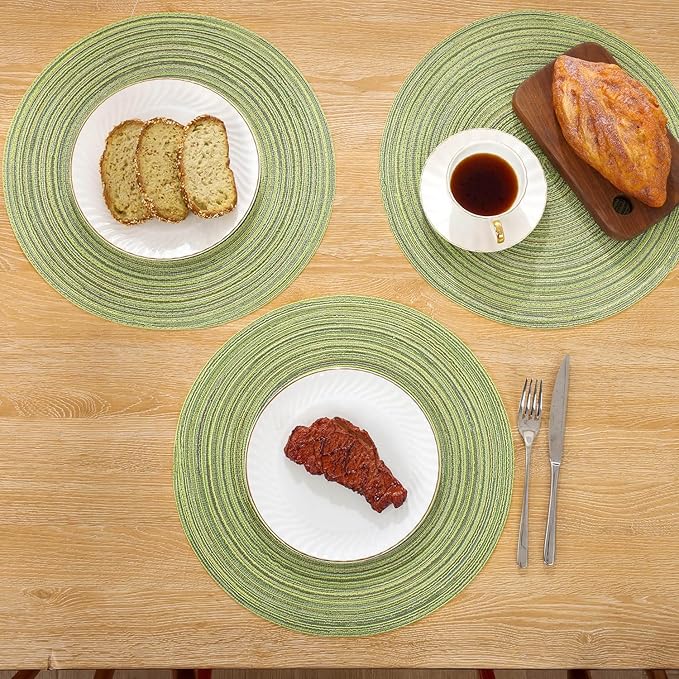 SHACOS Round Placemats Set of 6 for Dining Tables 15 inch Cotton Braided Placemats Washable Reversible for Kitchen Holiday Party (Pea Green, 6)