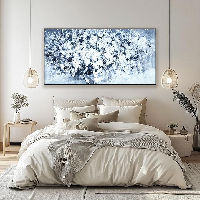 Canvas Wall Art Decor Large Canvas Wall Art for Living Room Wall Pictures Framed Floral Wall art Decor Blue and White Wall Art Prints Art Work for bedroom office kitchen Home wall decor 29 x 58 Inch