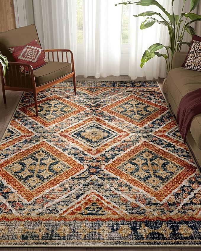 Area Rug 5x7 Rug Machine Washable Non-Slip Low Pile Print Pattern Western Rug for Living Room Bedroom Entryway Tribal Series -Orange/Brown
