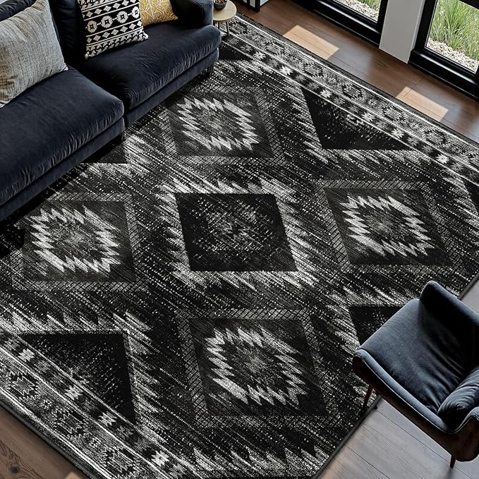 Area Rug 5x7 Rug Machine Washable Non-Slip Low Pile Print Pattern Western Rug for Living Room Bedroom Entryway Tribal Series -Black