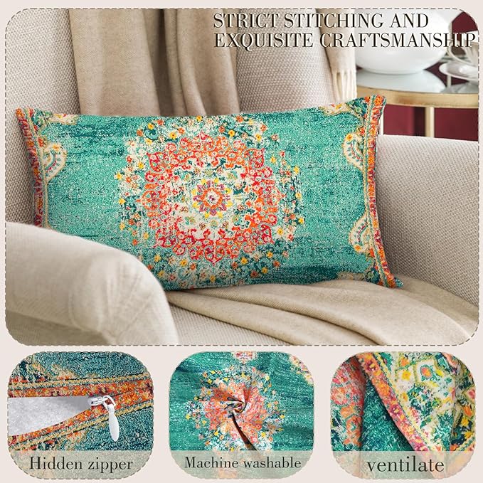 Boho Throw Pillow Covers 12x20 inch Set of 2,Boho Vintage Carpet Pattern Antique Ethnic Decor Double Sided Pattern Cushion Cover Soft Pillow Case Living Sofa Room Bed Square Pillow Cover