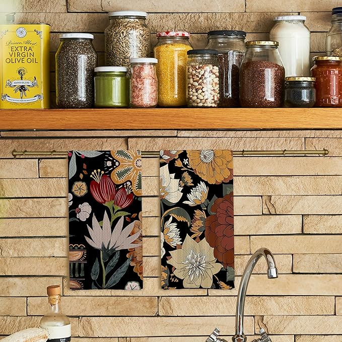 Abstract Floral Kitchen Dish Towels - Vintage Waffle Weave Kitchen Towels, Retro Flower Waffle Weave Decorative Kitchen Towels, Boho Hand Towels for Bathroom (16×24 Inches)