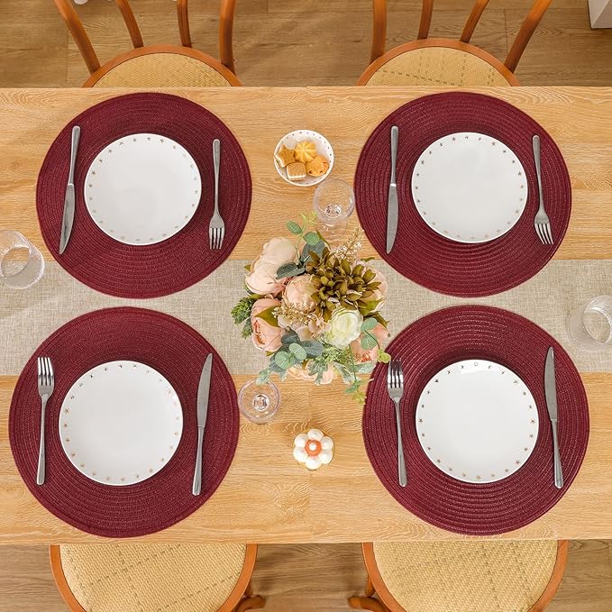 SHACOS Round Placemats Set of 6 for Dining Table 15 inch Round Braided Place Mats Washable Non Slip Kitchen Table Mats, Burgundy