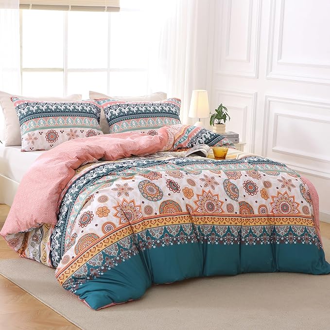 MUXHOMO Duvet Cover Queen Size Floral Duvet Cover Set with Zipper Closure, Boho Flower Bedding Set, 3 Pieces, 1 Duvet Cover 90"x90" with 4 Corner Ties and 2 Pillowcases 20"x30"