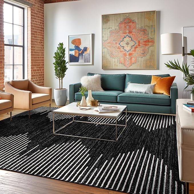 Rugshop Bohemian Stripe Stain Resistant High Traffic Living Room Kitchen Bedroom Dining Home Office Area Rug 8' x 10' Black