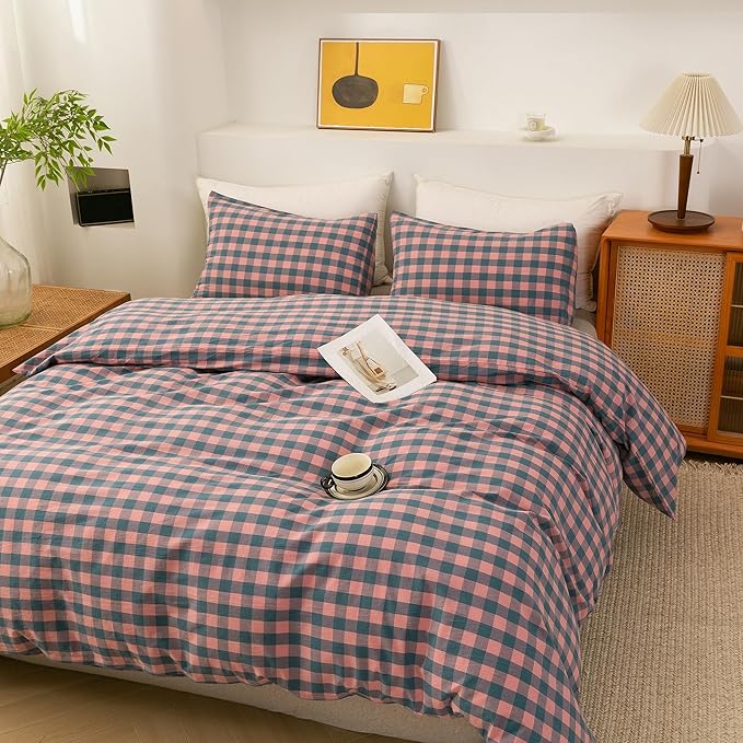 ECOCOTT Duvet Cover Set, 100% Washed Cotton Linen-Like Textured Soft & Breathable, Durable Comfy Bedding Set for All Seasons King Size, Purple Pink Plaid