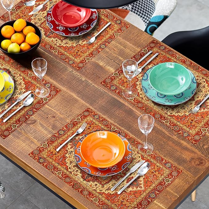 Giwawa Boho Ethnic Placemats Set of 4 Vintage Orange Brown Retro Flower Decorative Linen Table Place Mats 12"x18" Rustic Country Style Floral Place Mats Heat Resistance for Kitchen Dining Farmhouse