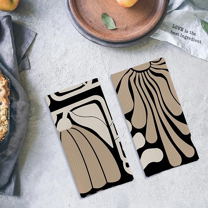Abstract Boho Neutral Taupe and Beige Floral Kitchen Towels Set of 2, Retro 70s Groovy Floral Hand Towels for Bathroom, Modern Minimalist Botanical Dish Tea Towels for Kitchen Decor, 16x24 Inch