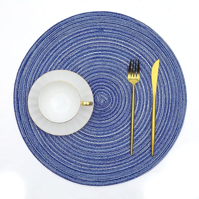SHACOS Round Braided Placemats 15 inch Set of 4 Washable Kitchen Table Placemats for Home Wedding Party (Blue White, 4)