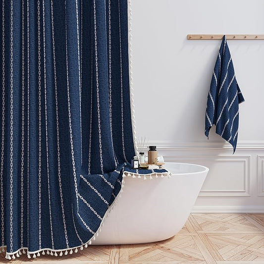 BTTN Boho Shower Stall Curtain - 36x72 Narrow Linen Ultra Thick Striped Tassel Fabric Shower Curtain Set with 6 Hooks, Half Modern Farmhouse Cottage Weighted Shower Curtains for Bathroom - Navy Blue