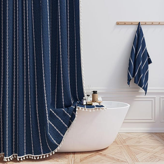 BTTN 78 Inch Long Shower Curtain - Boho Farmhouse Linen Thick Striped Fabric Shower Curtain Set with Plastic Hooks, Tall Rustic Country Luxury Cloth Shower Curtains for Bathroom - Navy Blue - 72x78