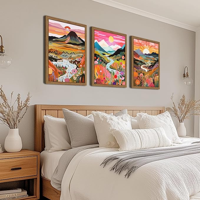 Wood Framed Boho Colorful Landscape Canvas Wall Art Set of 3 - Abstract Mountain Wall Decor Paintings, Nature Floral Poster Prints Aesthetic Home Decor for Living Room Bathroom Bedroom 16x24 inch